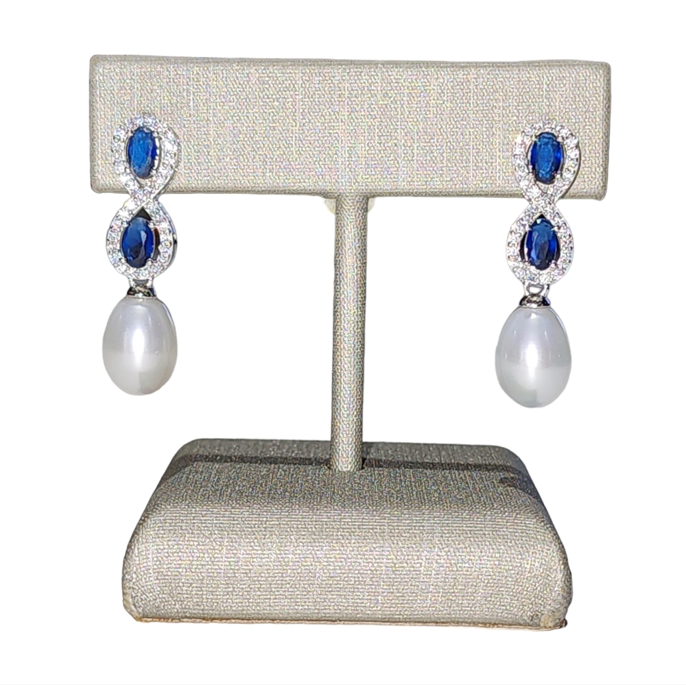 925S Blue Gemstones Stud Earrings With Cultured Freshwater Pearl and Zirconia - Picture 3 of 16